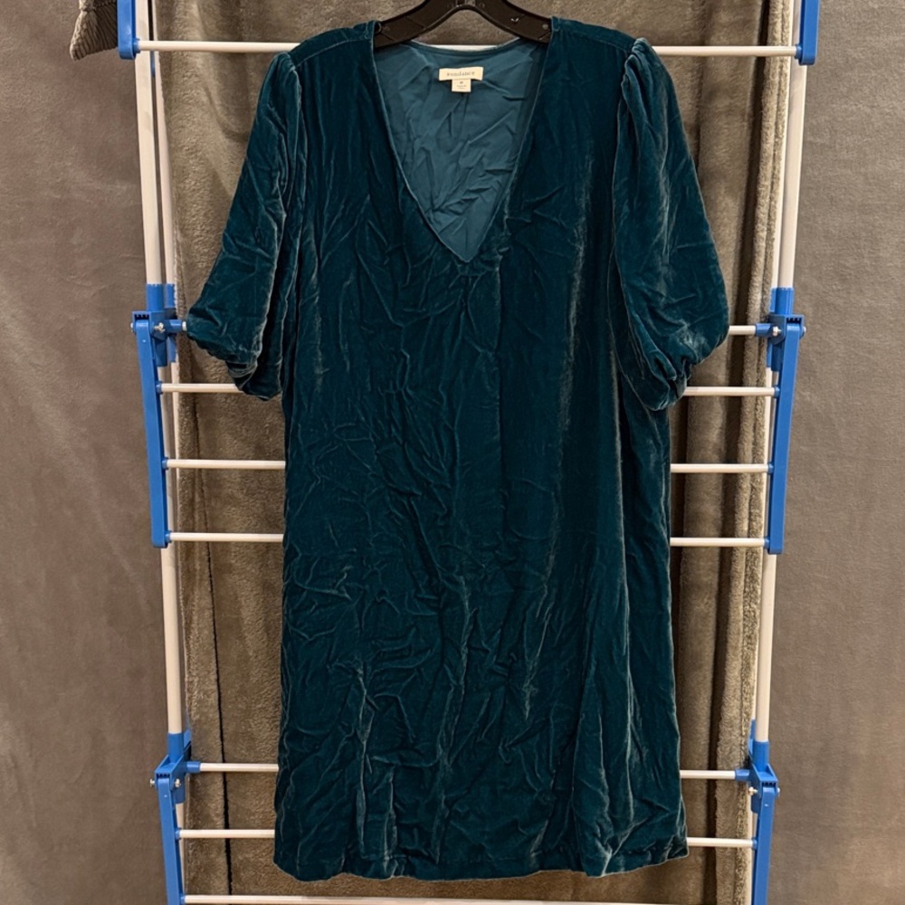 Sundance Size M Teal Velvet V-Neck Shift Dress Puff Sleeves